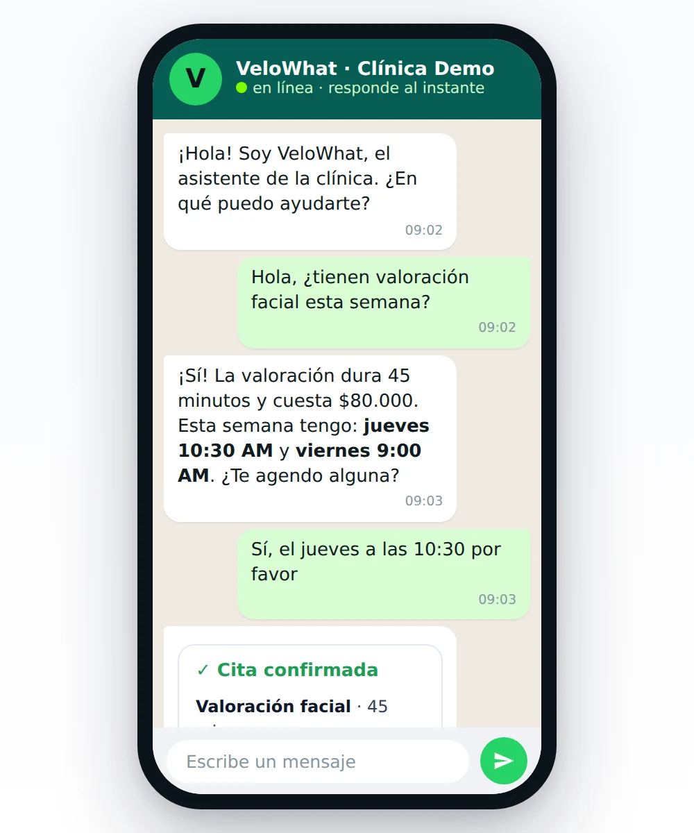 Asistente de IA para clínica estética agendando cita por WhatsApp